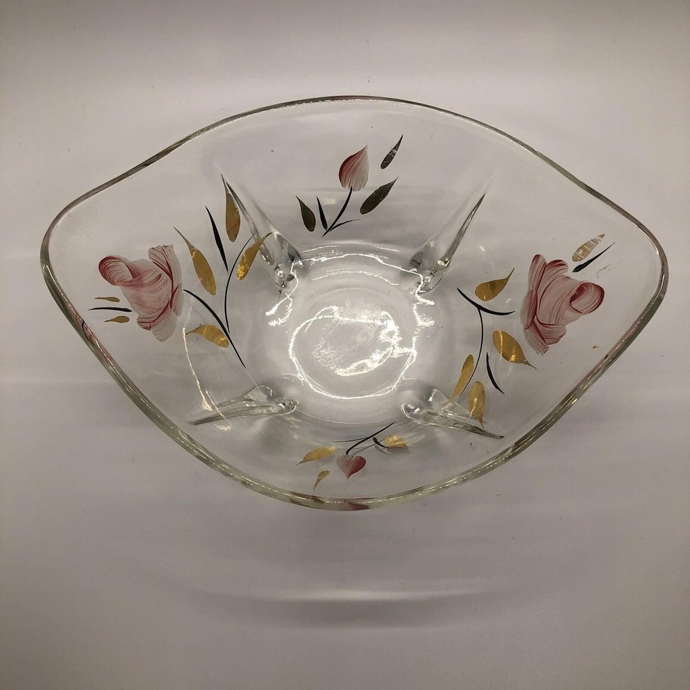 Vintage Hand Painted Clear Glass Footed Bowl Pink Roses Gold Leaves Square Shape